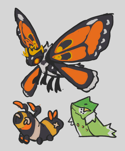 Bug/Psychic. Early route bug, based on monarch butterflies. Psychic because of gold's association with psychic abilities, and gold = royalty/monarchy.