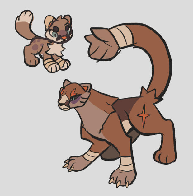 Fighting type. Based on mountain lions and wilderness survival. Used to be a normal type, but evolved to adapt to harsh conditions.
