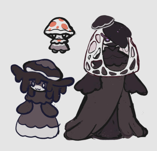 Poison/Fairy, inspired by Victorian era widowers and cool poisonous mushroom species