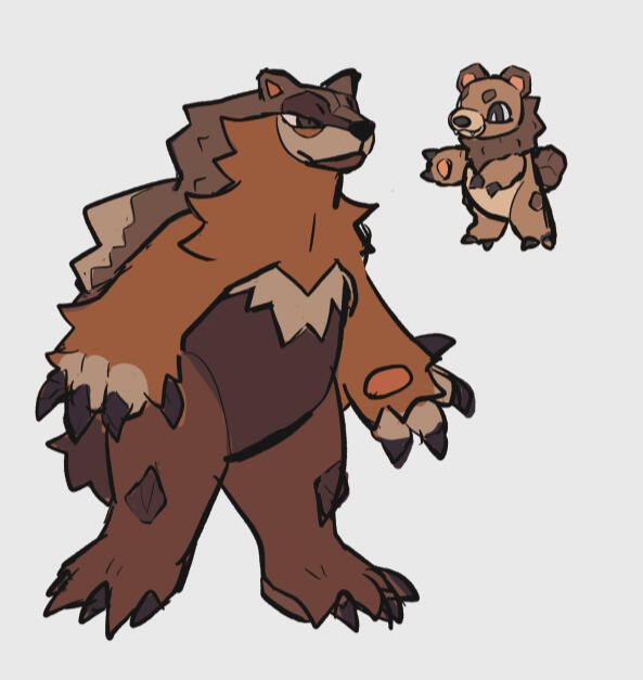 Rock type. Based on grizzly bears and mountains. Used to be a normal type, but evolved Rock to live in harsh conditions.